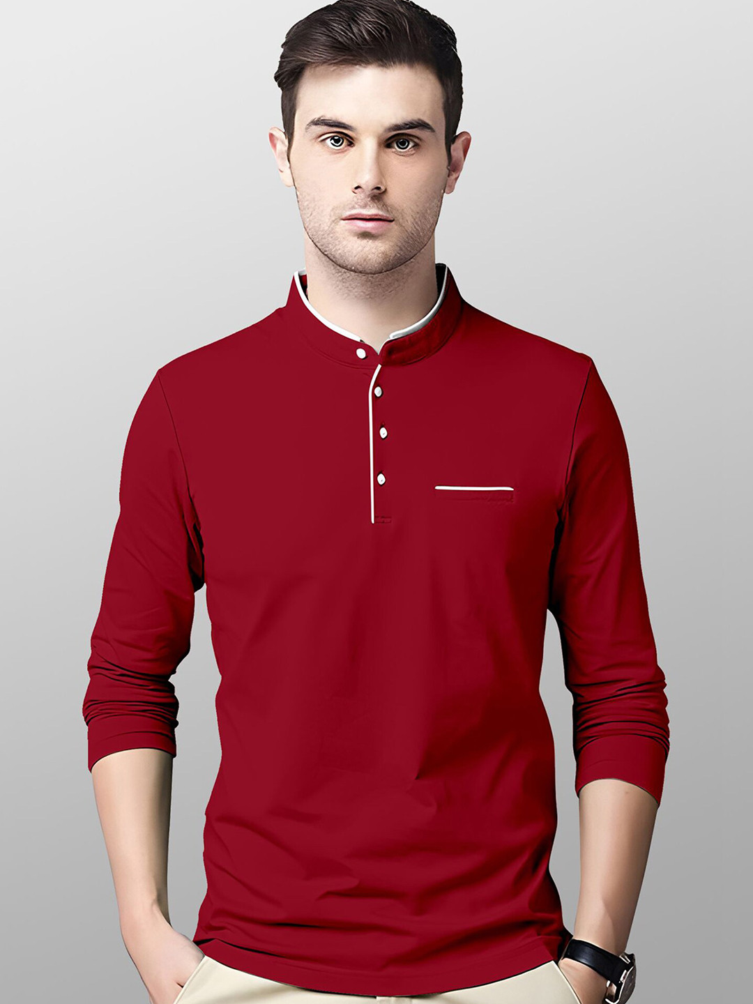 Buy AUSK Men Red Mandarin Collar T Shirt Tshirts for Men 19628318