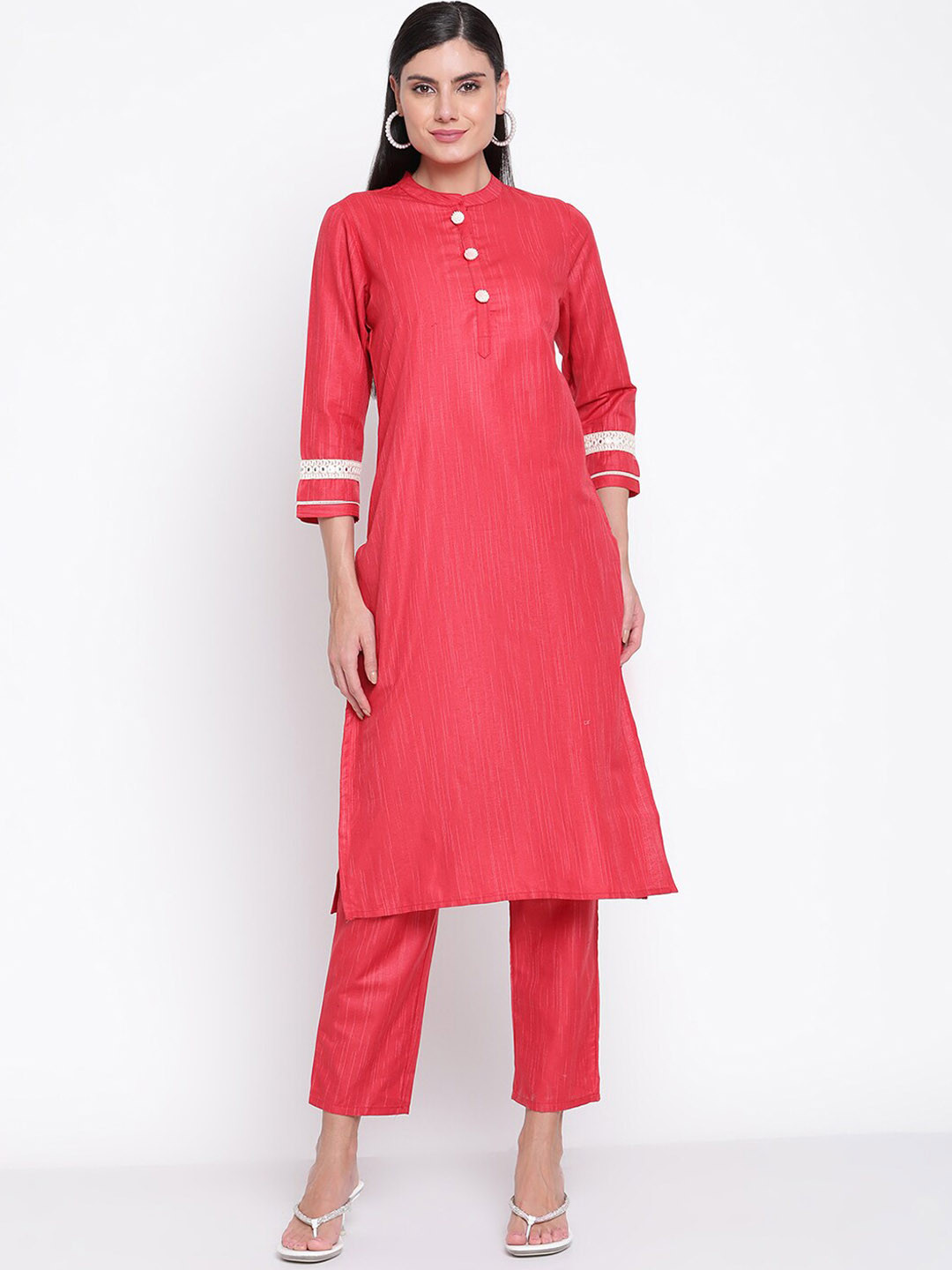 Buy Be Indi Women Red Solid Mandarin Collar Pure Cotton Kurta With