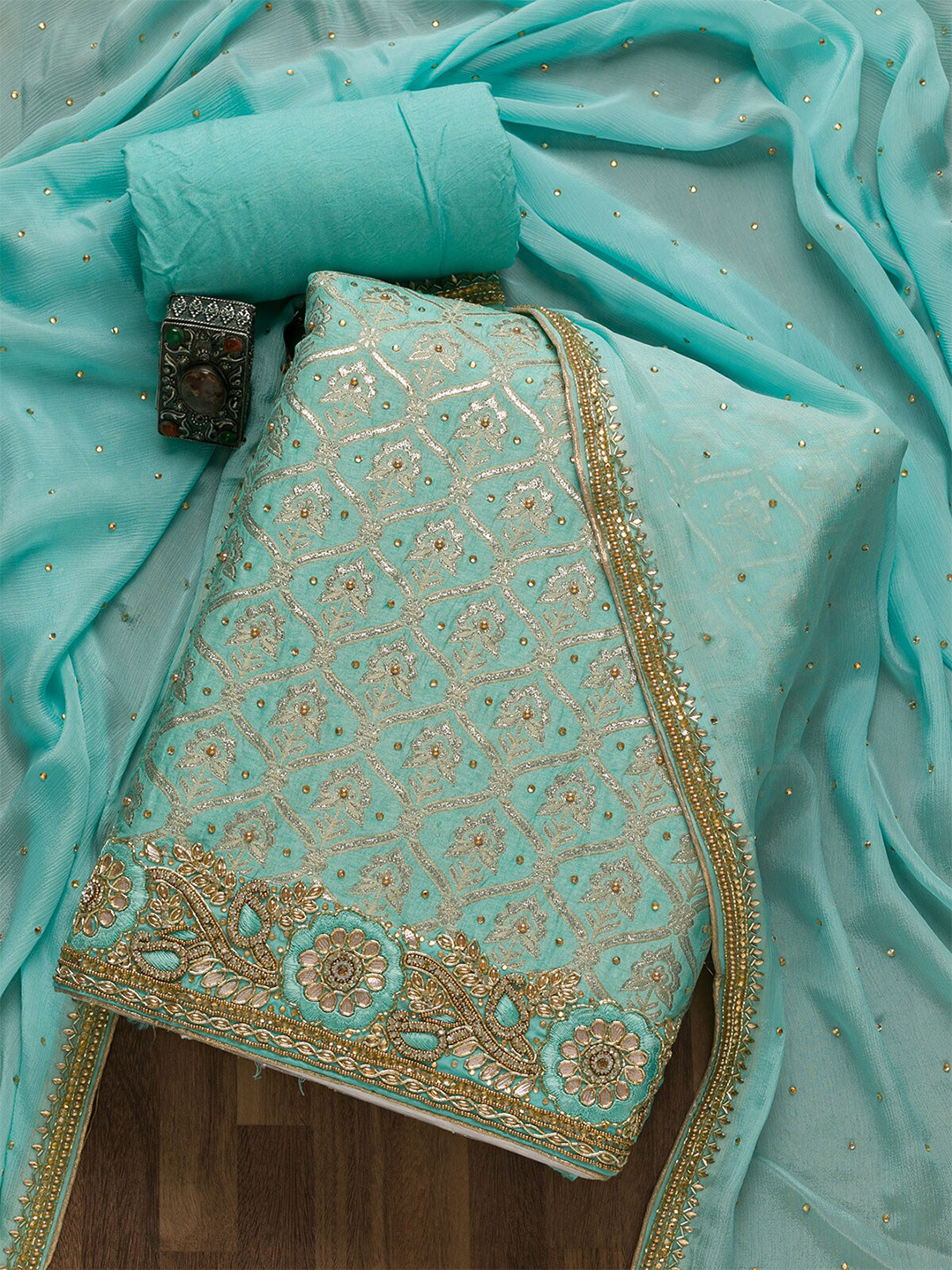 Buy Koskii Green & Gold Toned Embroidered Art Silk Unstitched Dress