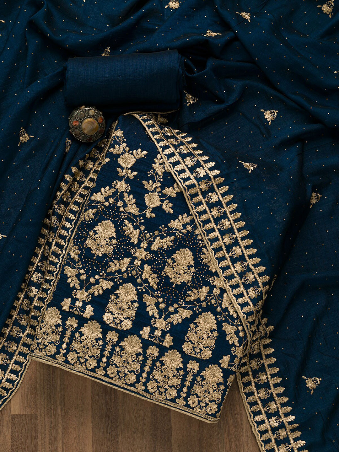 Buy Koskii Blue & Gold Toned Embroidered Art Silk Unstitched Dress