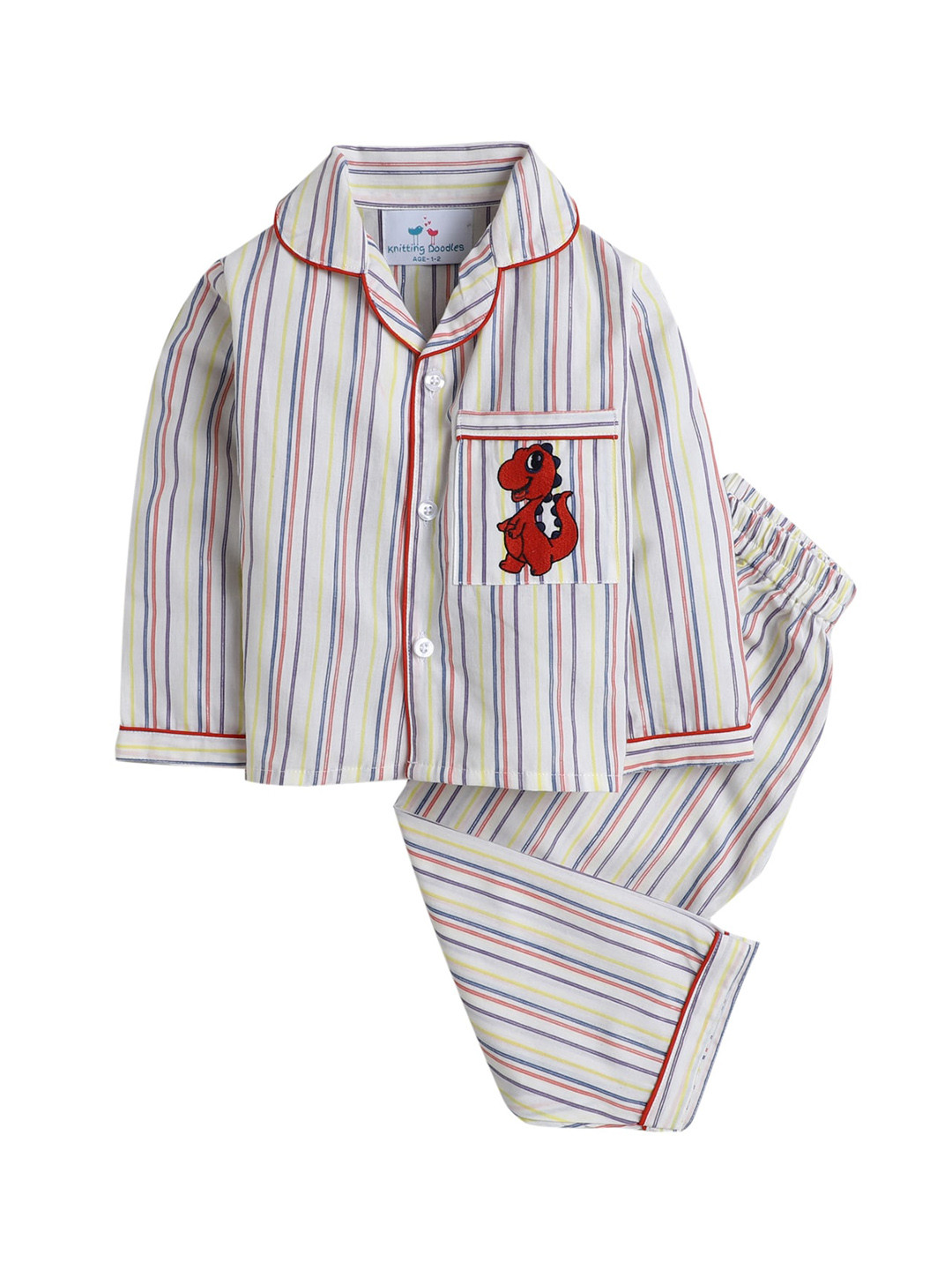 Buy Knitting Doodles Unisex Kids White & Red Striped Night Suit Night