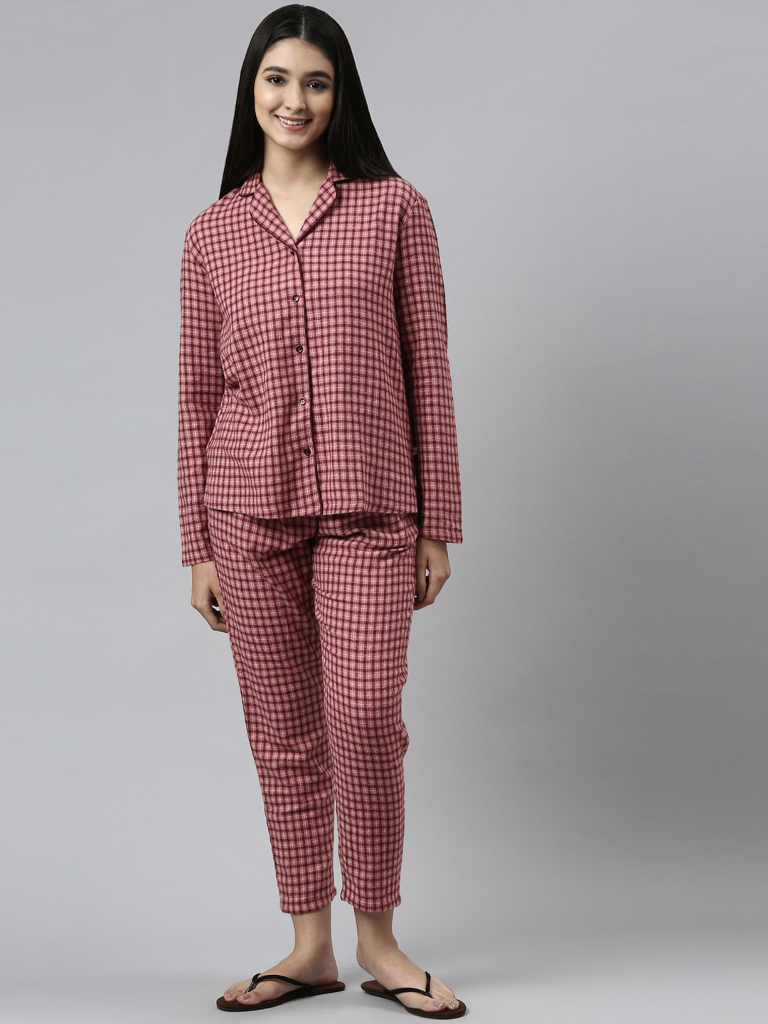 Buy Enamor Women Maroon Checked Night Suit Night Suits for Women