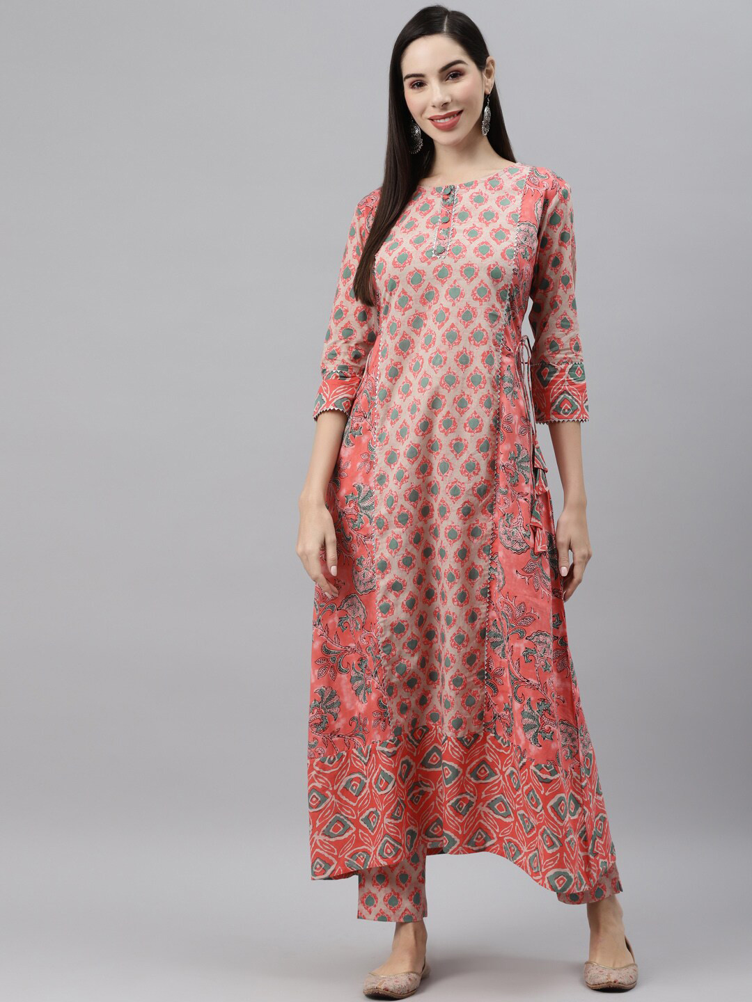 Indibelle Cotton Floral Print Kurta Pant With Dupatta (Peach)