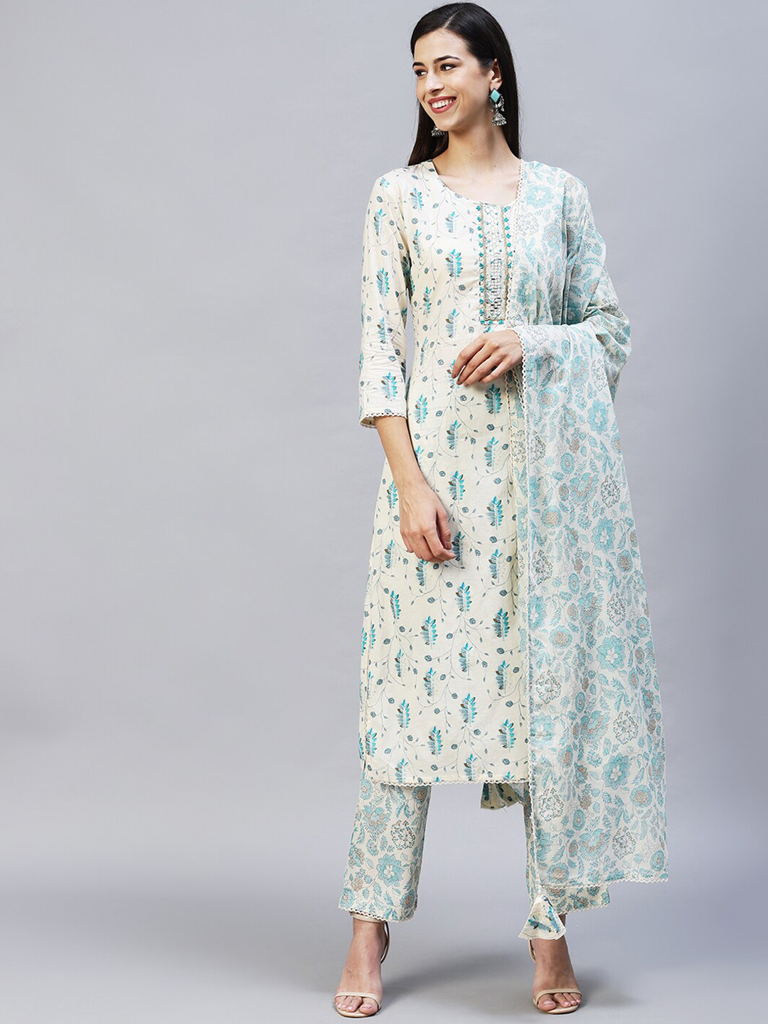 Women's Cream Floral Kurta Set with Dupatta