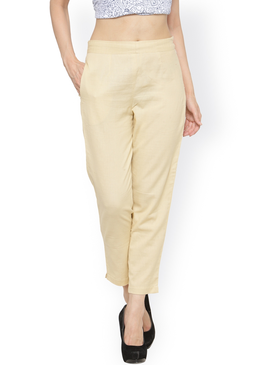 Buy Indibelle Women Cream Coloured Smart Tapered Fit Trousers