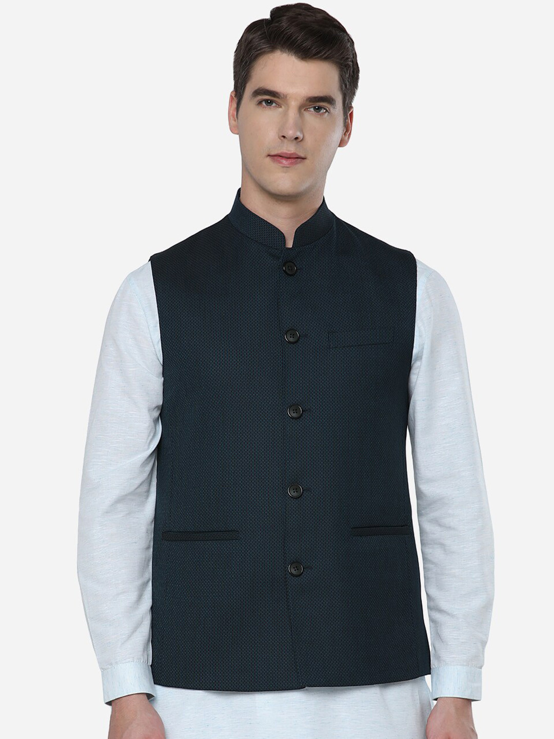Men's Navy Blue Solid Slim Fit Nehru Jacket main image 0