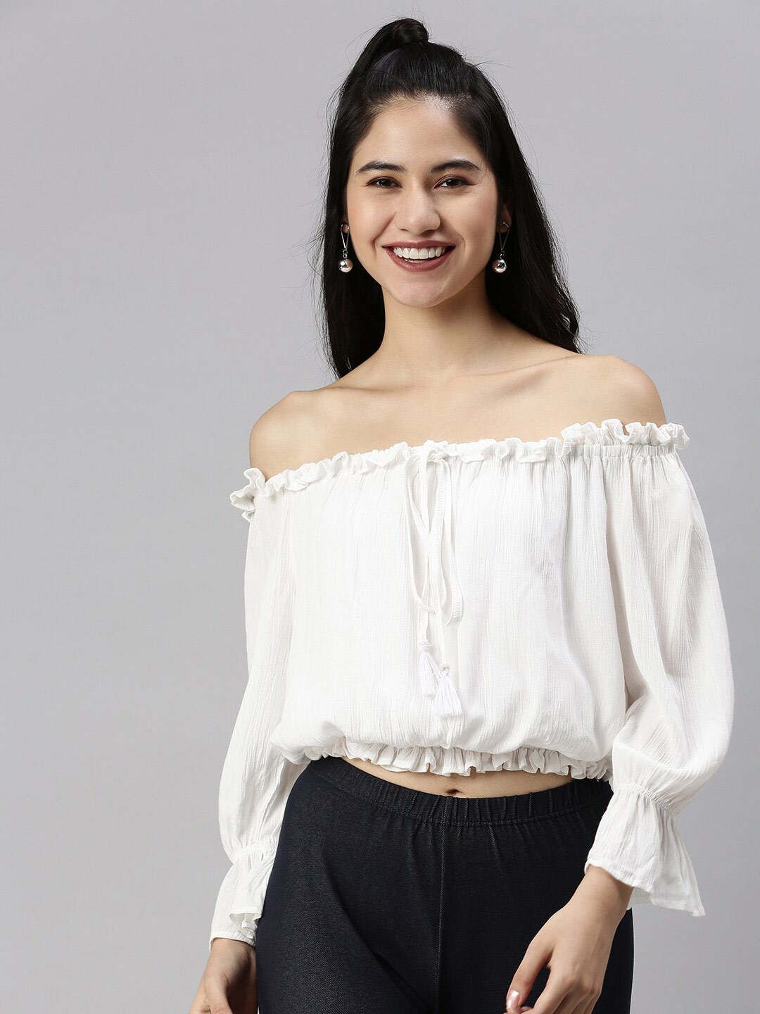 Buy De Moza White Off Shoulder Bardot Crop Top Tops For Women 19642390 Myntra 