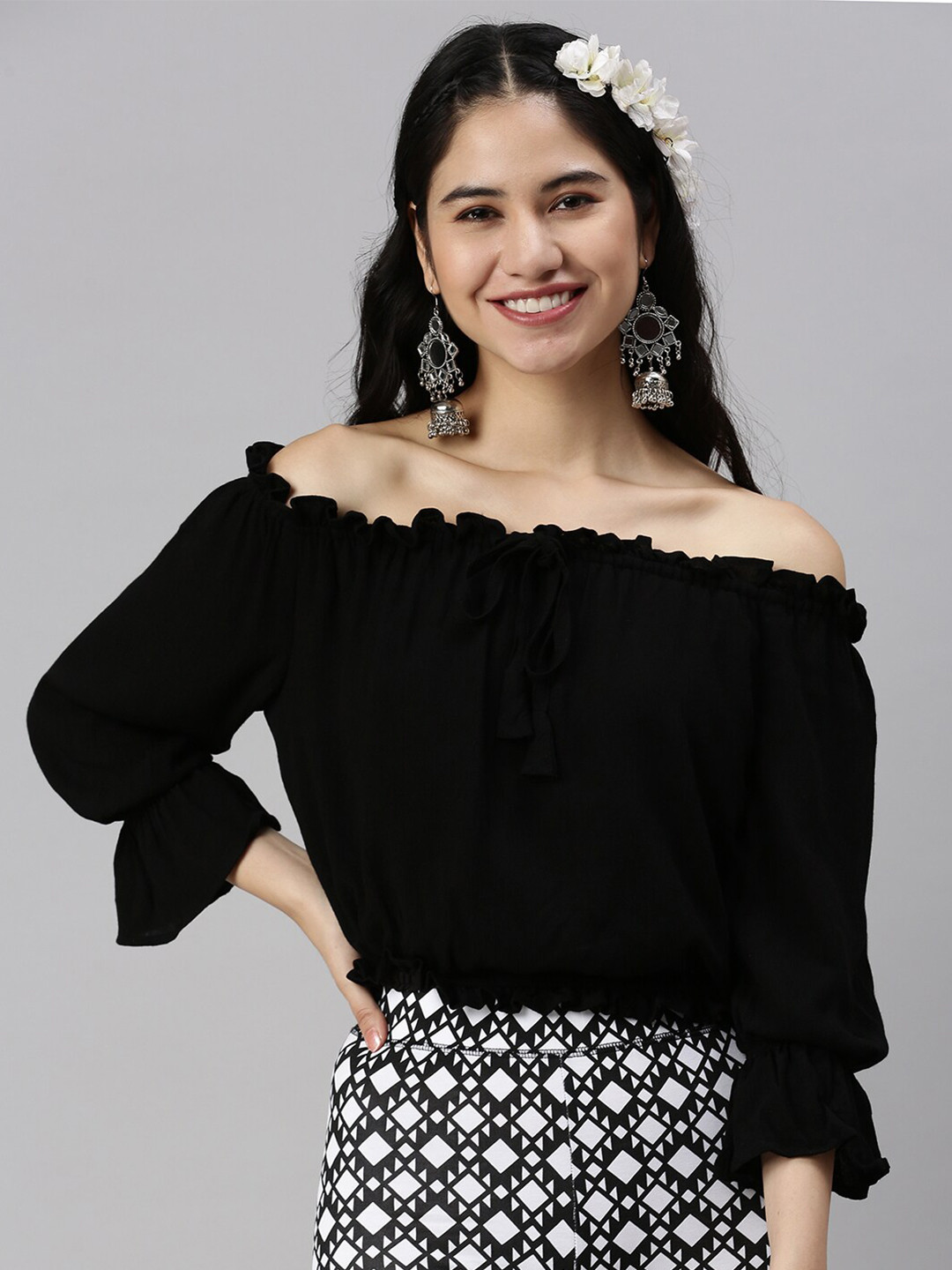 Buy De Moza Black Off Shoulder Bardot Top Tops For Women 19642396 buy-de-moza-black-off-shoulder-bardot-top-tops-for-women-19642396