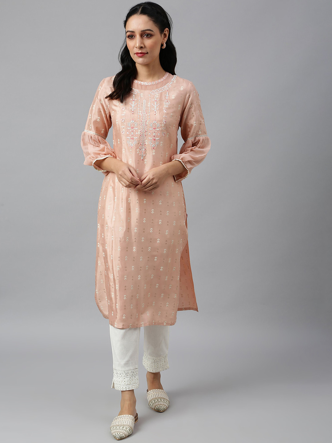 Women's Peach Ethnic Motifs Anarkali Kurta with Overcoat