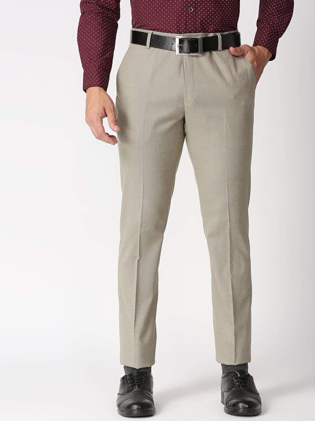 Buy Solemio Men Beige Textured Polyester Regular Fit Formal Trousers ...