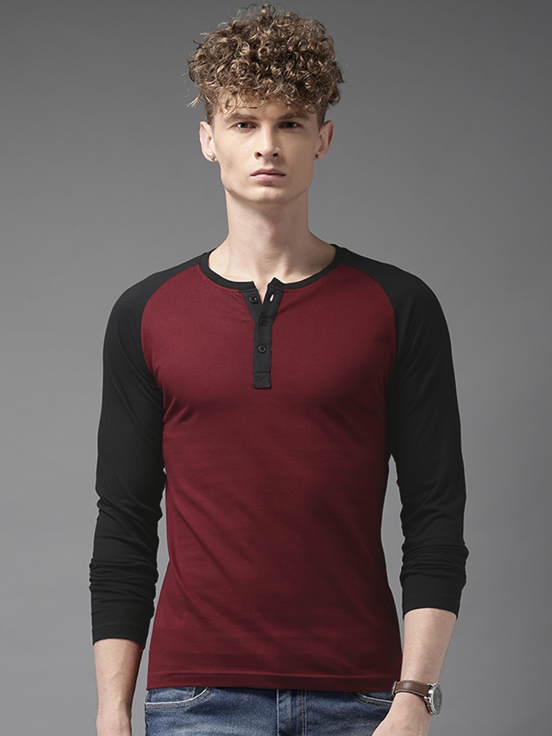 Buy HERE&NOW Men Maroon Solid Henley Neck T Shirt Tshirts for Men