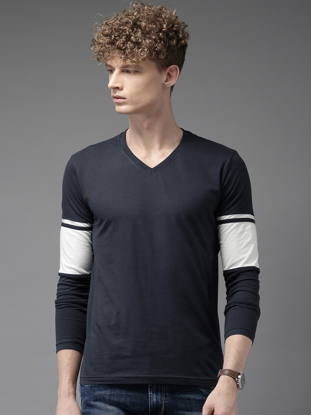 Buy HERE&NOW Men Navy Blue Solid V Neck T Shirt Tshirts for Men