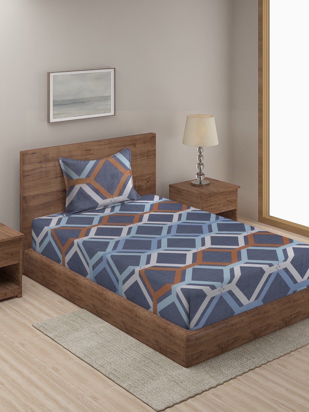 Buy SOKNACK Blue 300 TC SINGLE BED PRINED BED SHEET WITH 1 PILLOW COVER