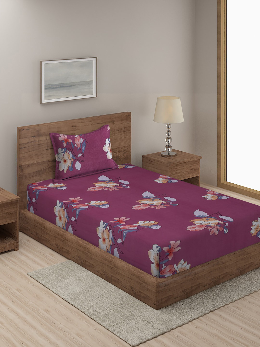 Buy SOKNACK Purple 300 TC SINGLE BED PRINED BED SHEET WITH 1 PILLOW