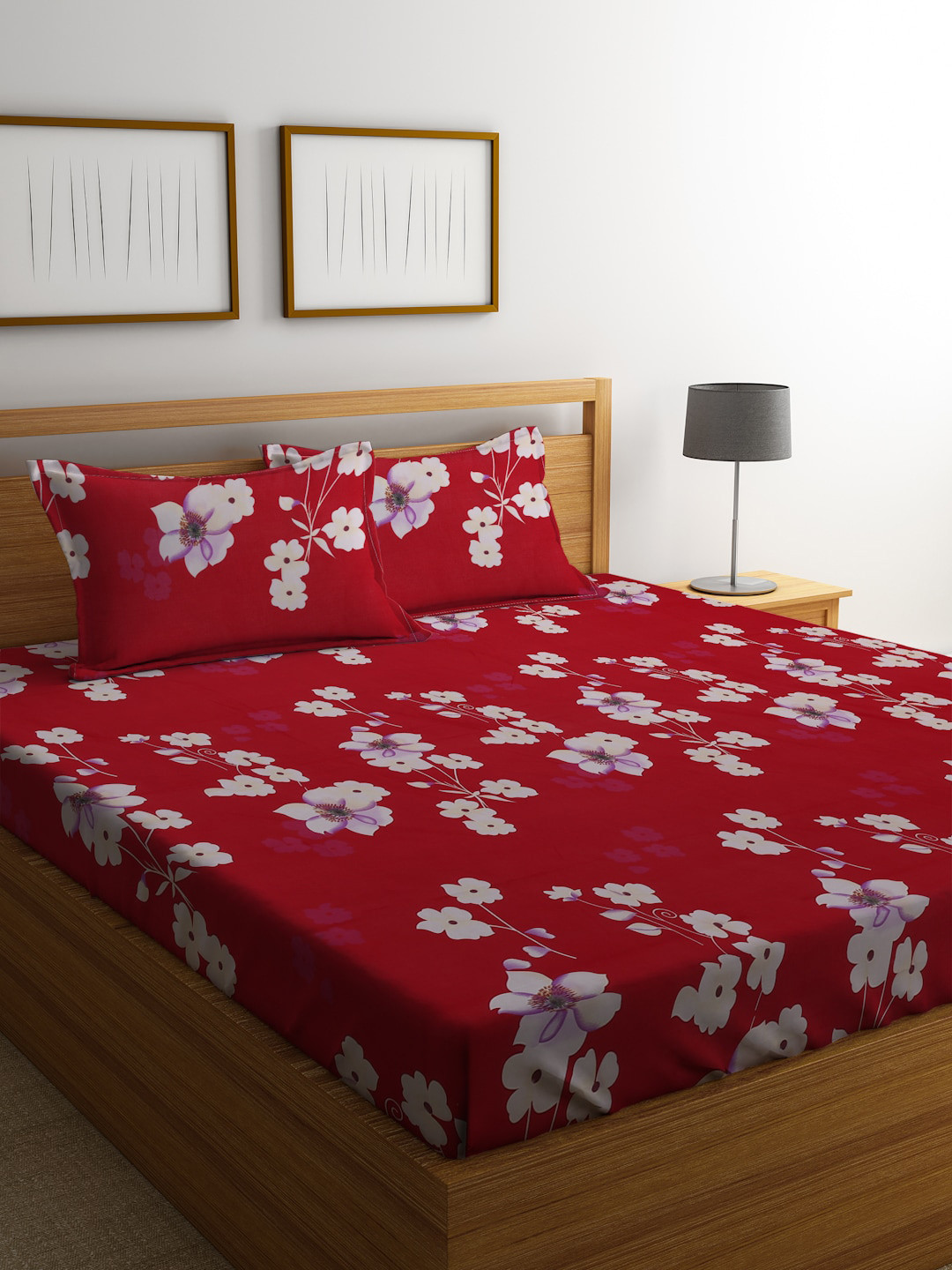 Buy SOKNACK Red 300 TC QUEEN SIZE DOUBLE PRINED BED SHEET WITH 2 PILLOW