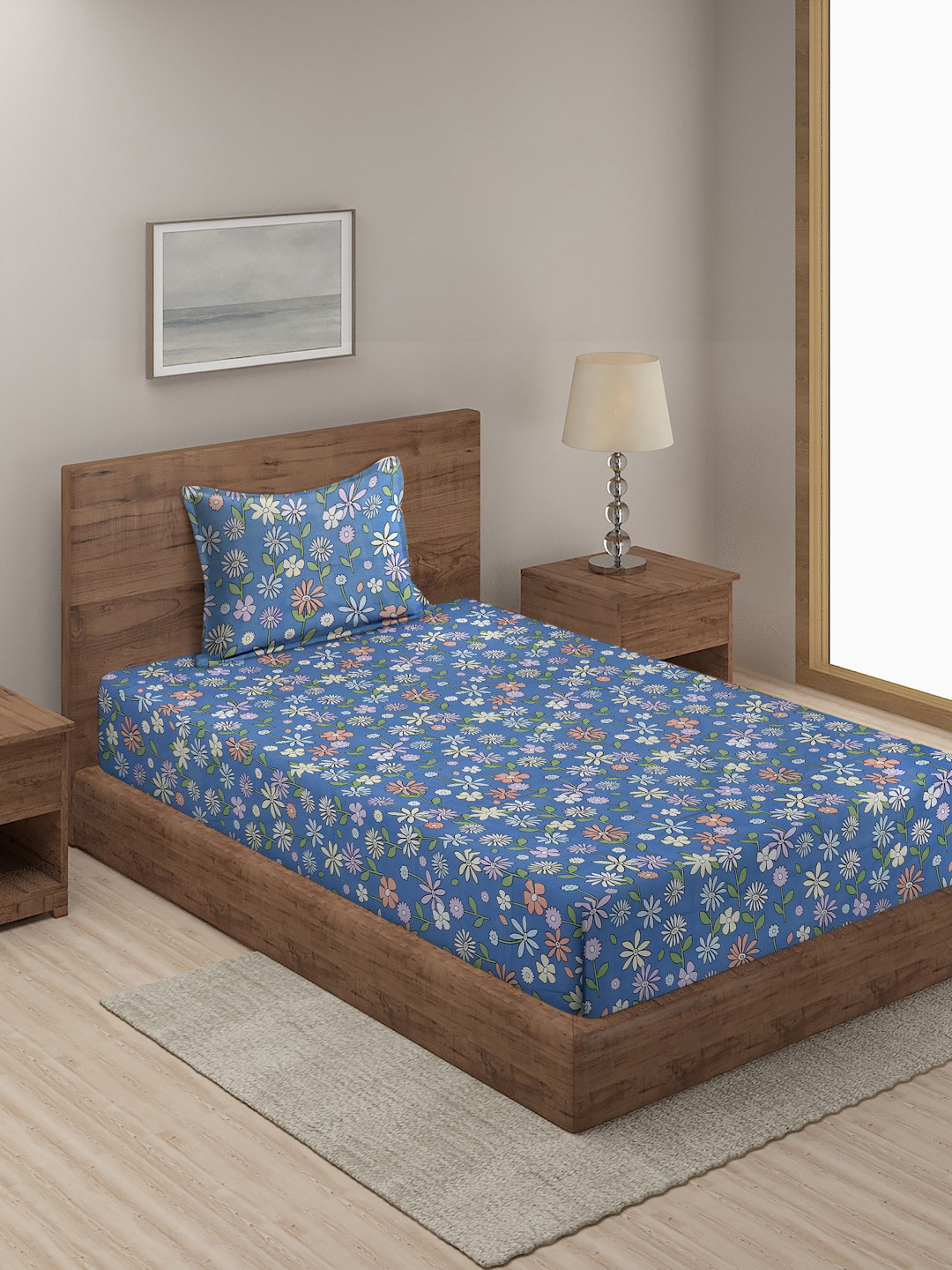 Buy SOKNACK 300 TC SINGLE BED PRINED BED SHEET WITH 1 PILLOW COVER