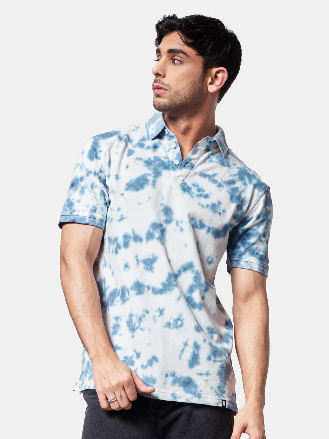 Buy The Souled Store Men White & Blue Tie And Dye Polo Collar T Shirt