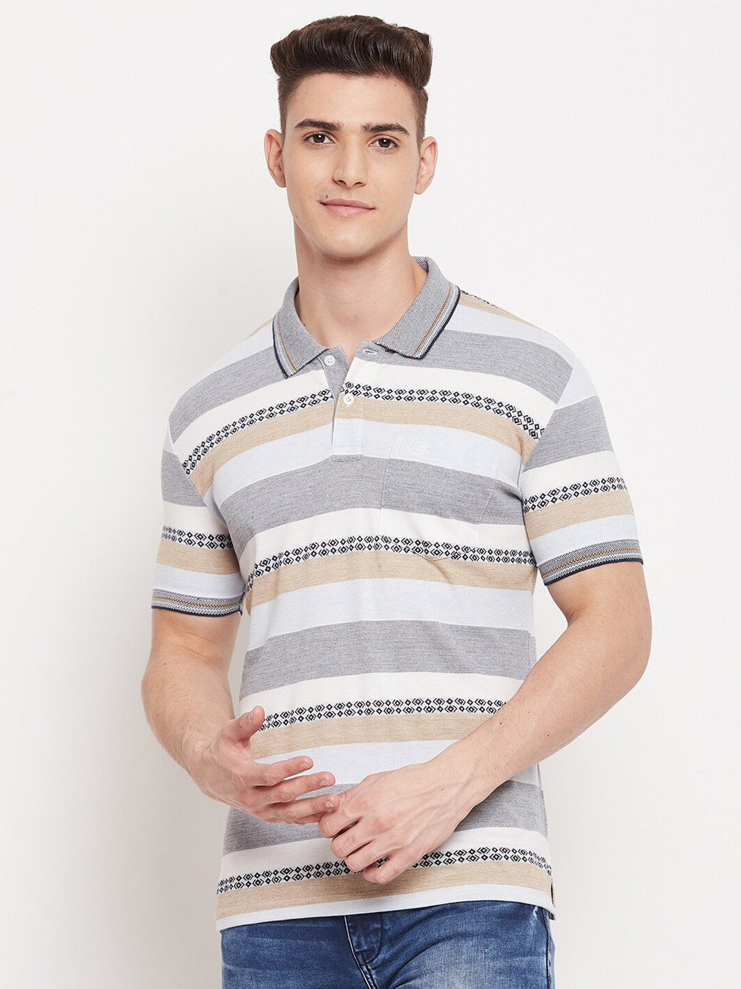 Men's Grey Striped Polo Collar Cotton T-Shirt