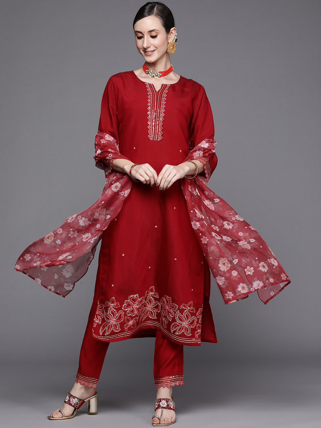 buy-indo-era-women-red-floral-embroidered-sequinned-kurta-with-trousers