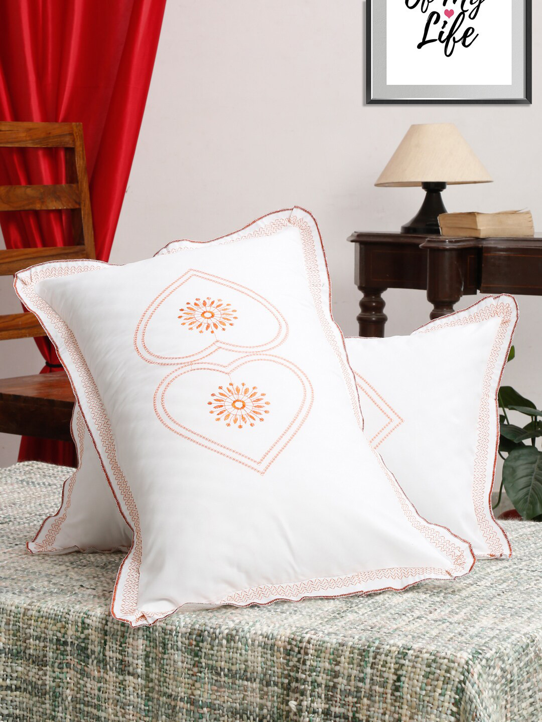 Buy HOSTA HOMES Pack Of 2 White Embroidered 220 TC Pure Cotton Pillow