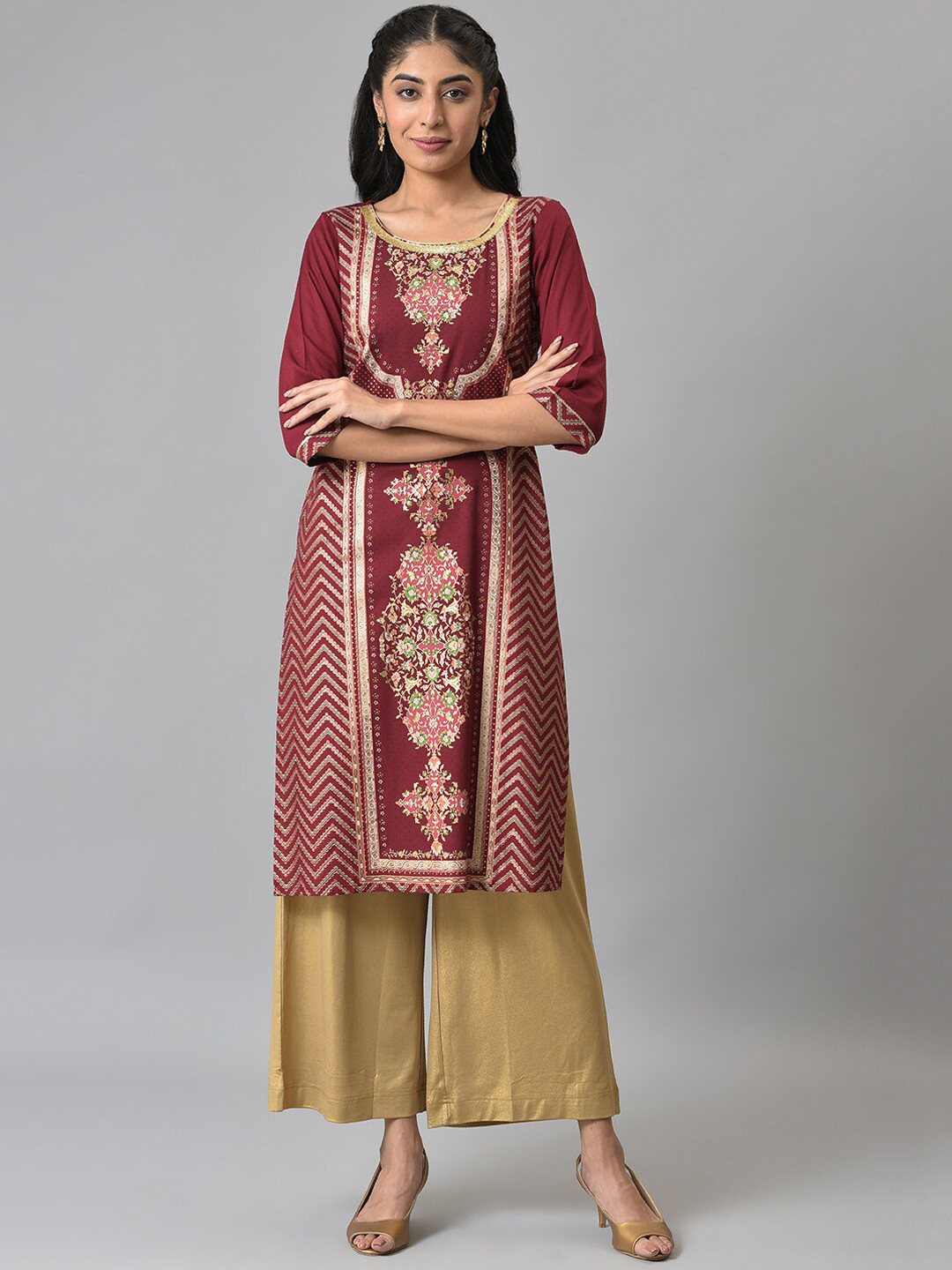 Buy AURELIA Women Maroon & Gold Ethnic Motifs Printed Straight Kurta