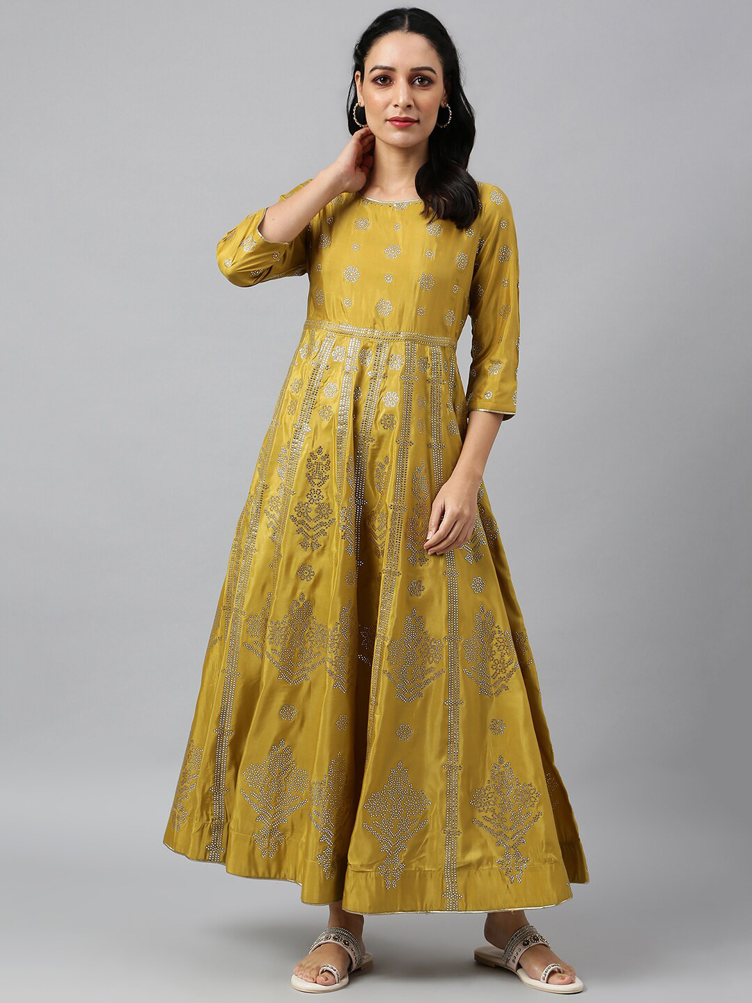 Buy W Mustard Yellow & Silver Toned Ethnic Motifs Satin Ethnic Maxi