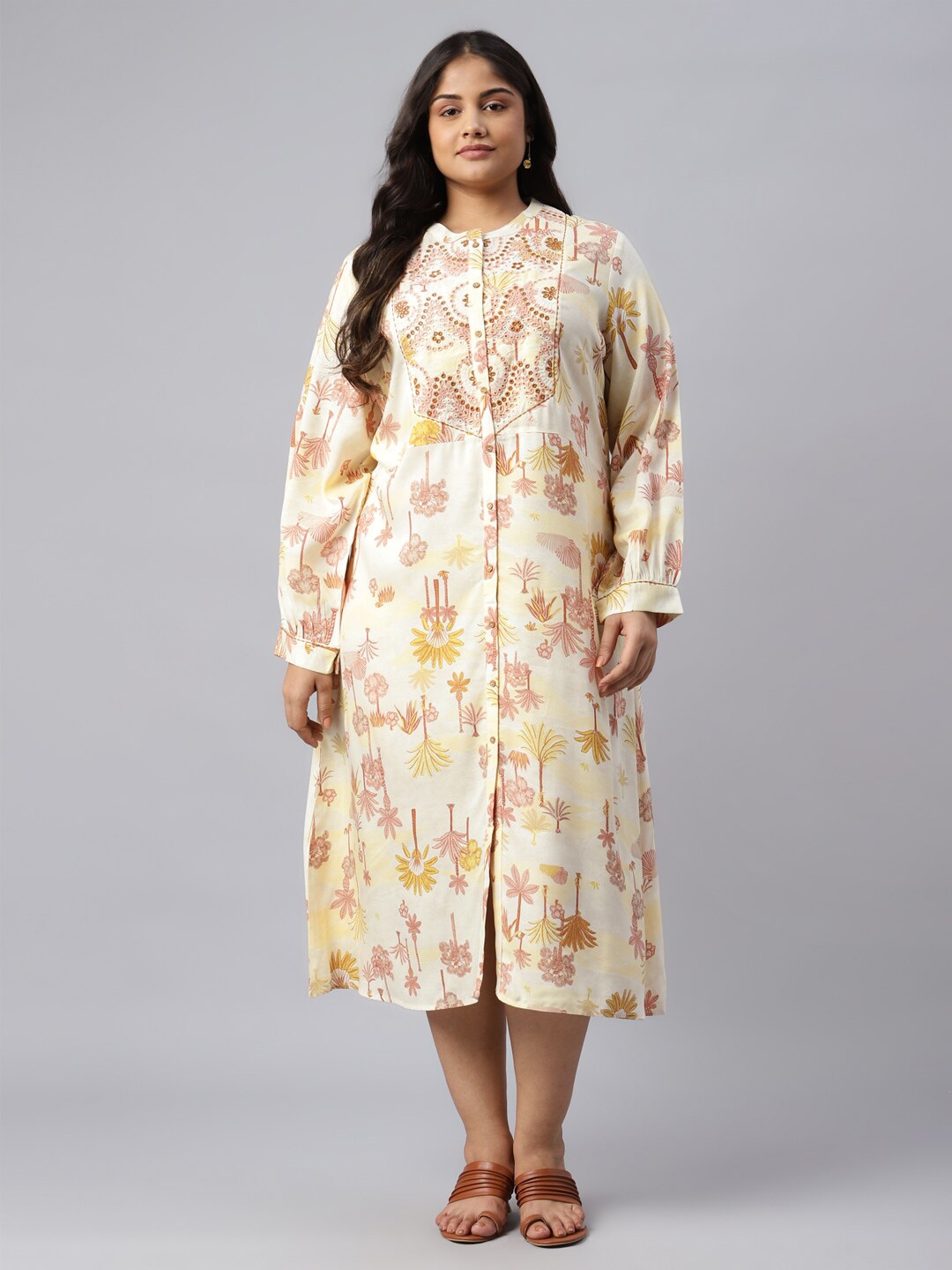 Buy W Cream Coloured & Brown Floral A Line Midi Dress - Dresses for ...