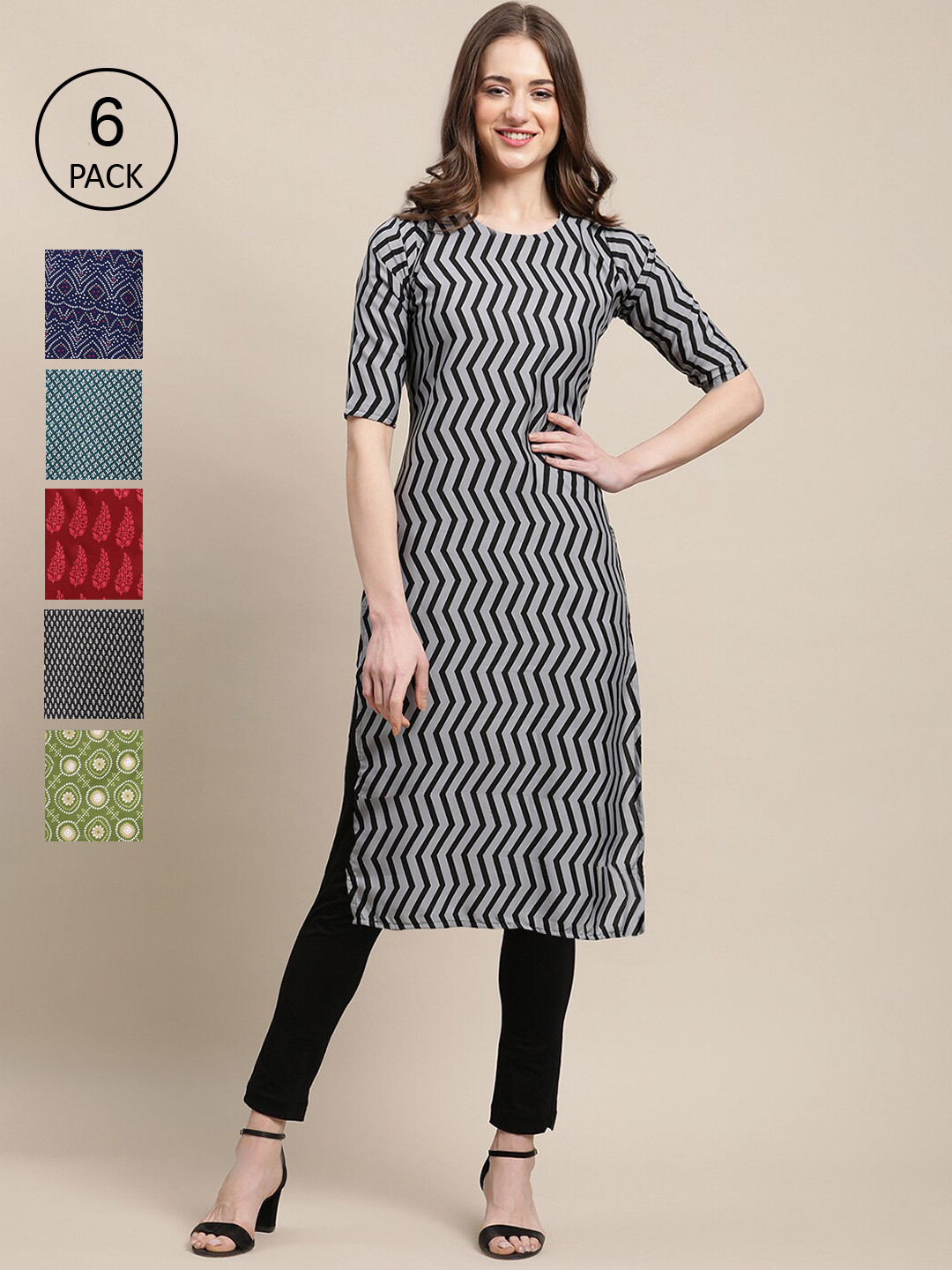 Black Geometric Printed V-Neck Rayon Crepe Kurta With Sequin Detailing main image 0