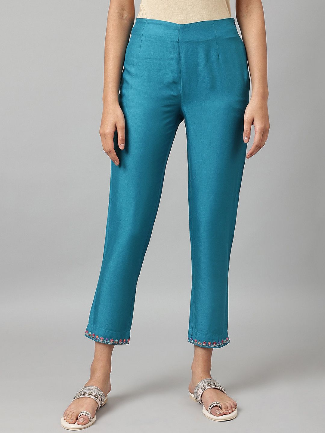 Buy W Women Teal Slim Fit Solid Cropped Trouser Trousers for Women