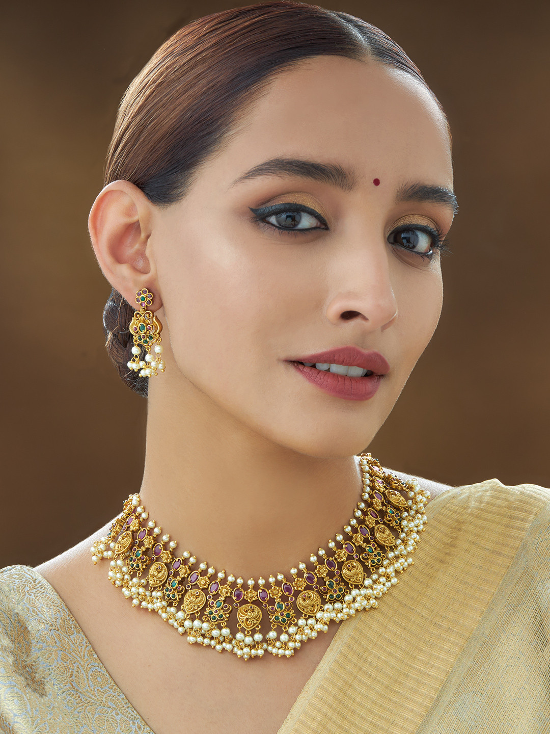 Buy Kushal's Fashion Jewellery Gold Plated Red & Green Stone Studded