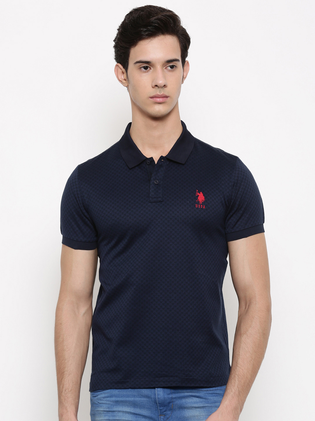 Buy U.S. Polo Assn. Men Navy Blue Self Design Polo Collar T Shirt Tshirts for Men 1967021 Myntra