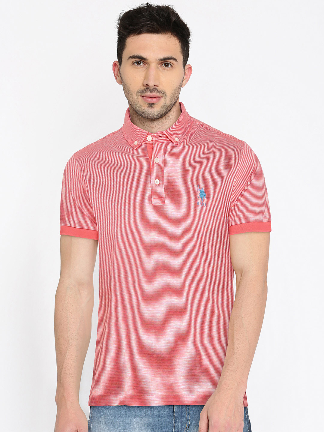 Buy U.S. Polo Assn. Men Red & White Striped Polo Collar T Shirt