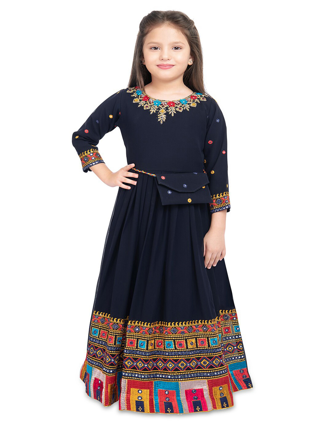 Girls Blue Printed Ethnic Maxi Dress