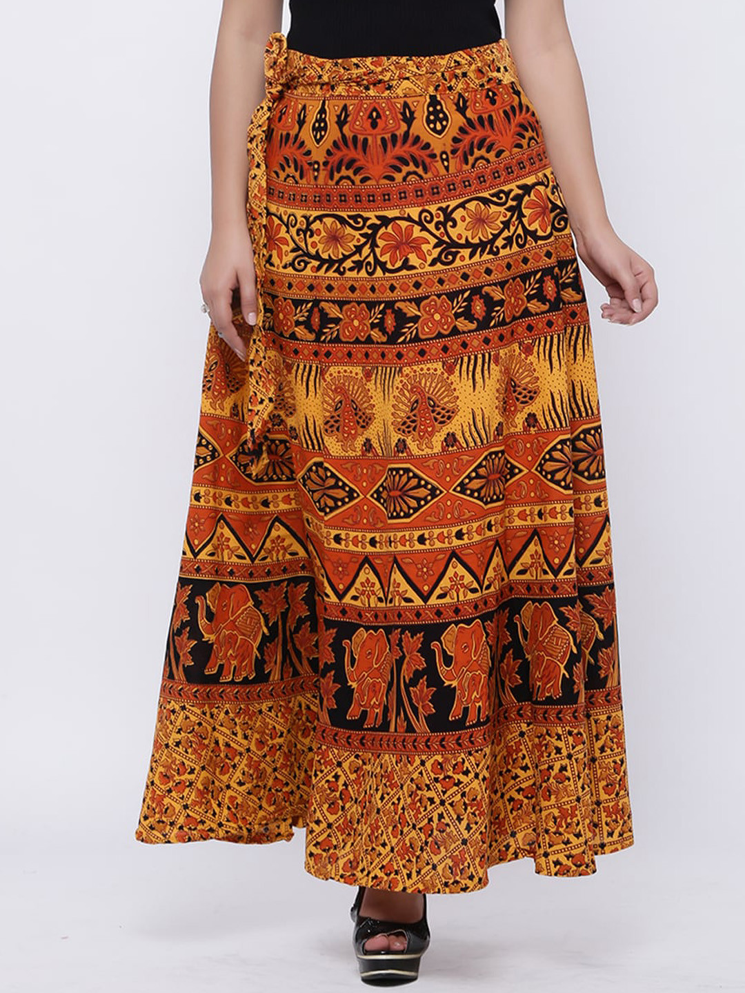 Buy SOUNDARYA Women Yellow & Orange Printed Pure Cotton Wrap Maxi Skirt