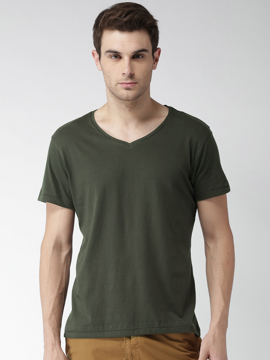 Buy Mast & Harbour Men Olive Green Solid V Neck T Shirt - Tshirts for ...
