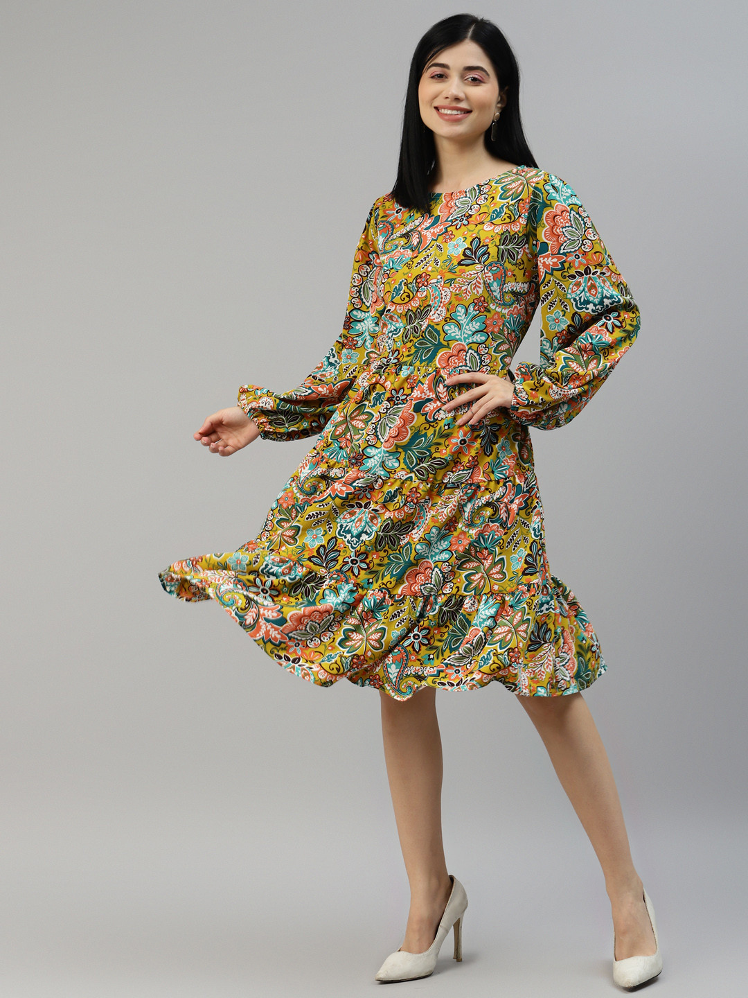 Buy PlusS Olive Green & Teal Floral A Line Dress Dresses for Women