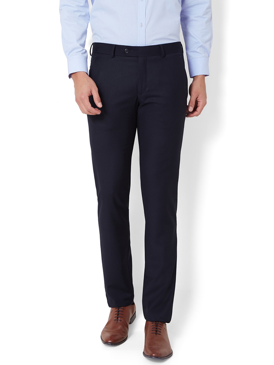 Buy Van Heusen Men Navy Blue Skinny Fit Solid Formal Trousers ...