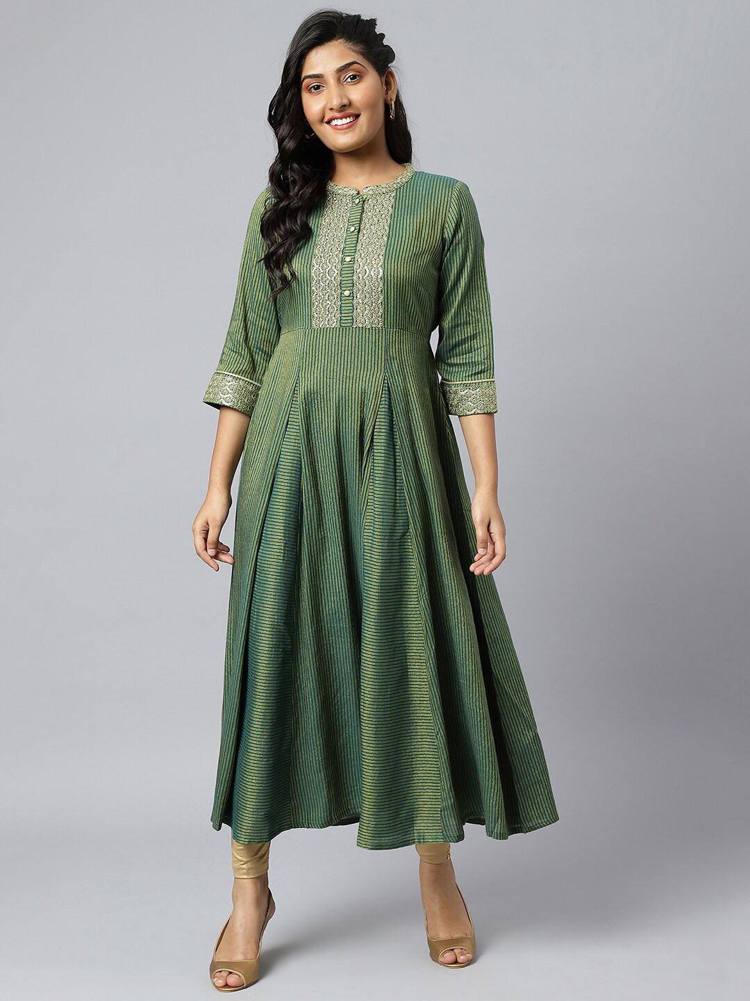 Women's Green Striped Sequinned Anarkali Kurta