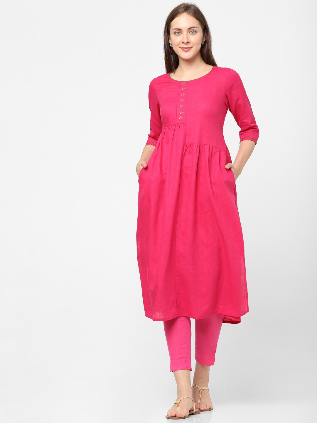 Buy Indifusion Pink Embroidered Linen Midi Dress Dresses for Women