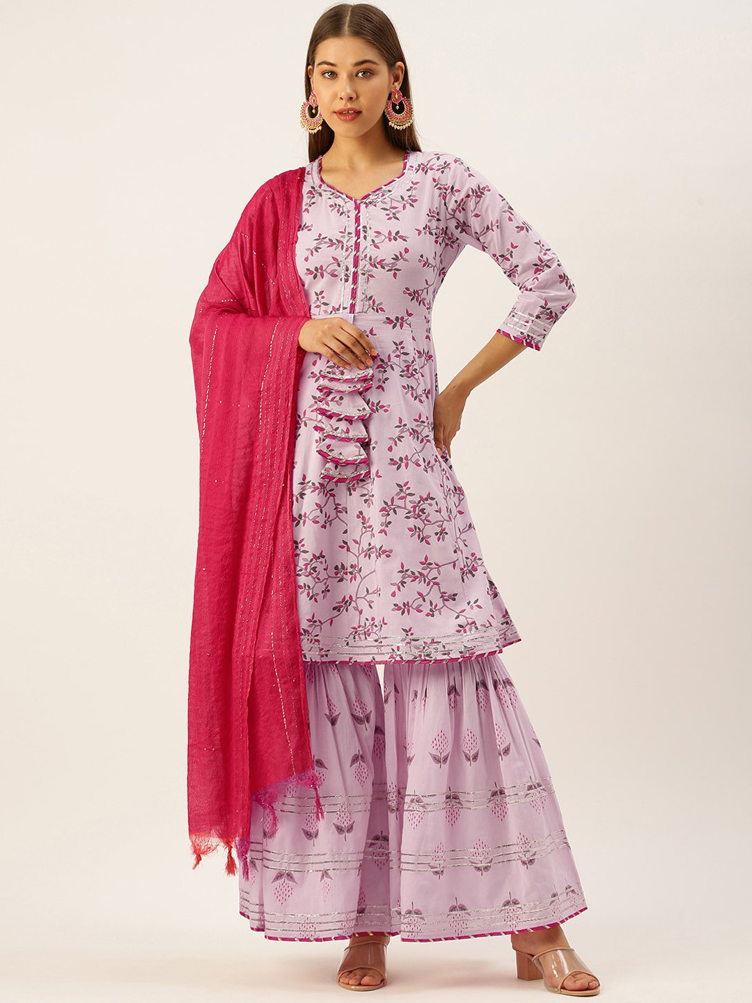 Women Lavender Printed A-Line Kurta Trousers  Set