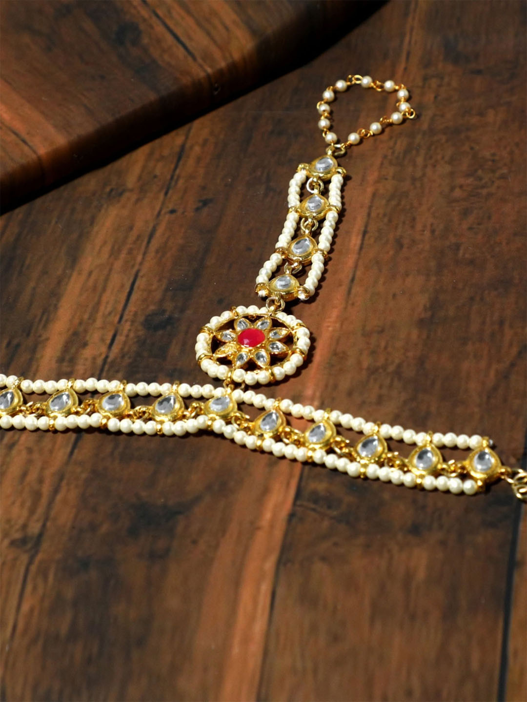 KARATCART Women Gold-Toned & White Beaded Kamarbandh