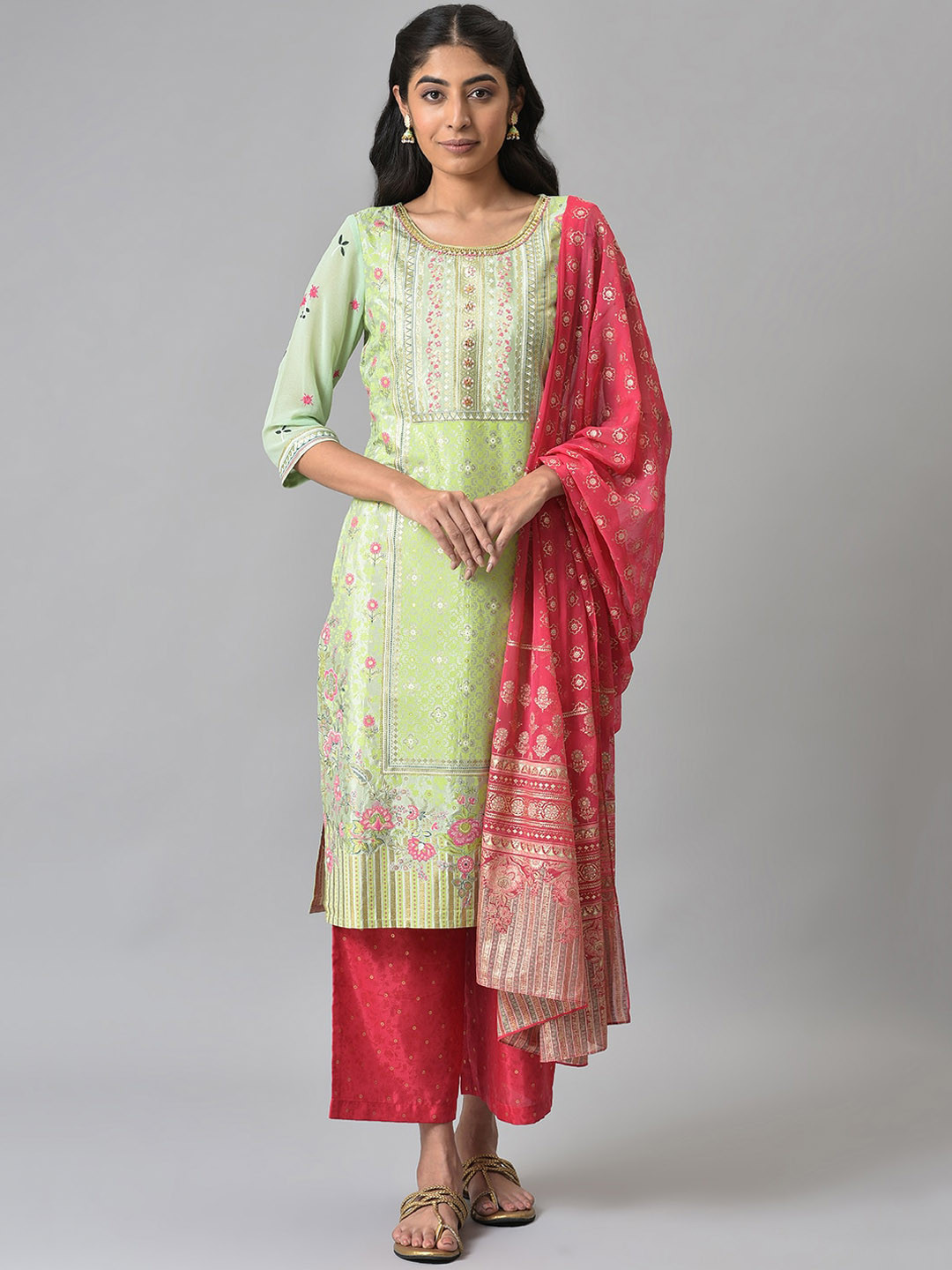 Women Green Floral Printed Sequinned Anarkali Kurta with Palazzos & Dupatta Set