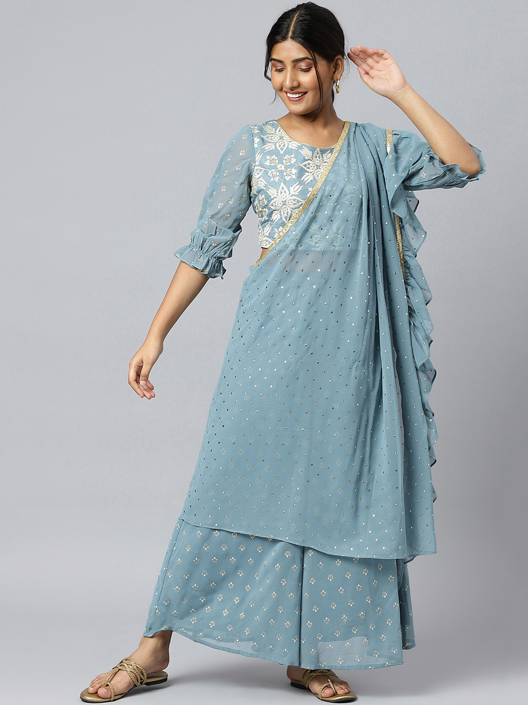 Women Blue Rayon Embroidered & Floral printed Kurta with pant & dupatta