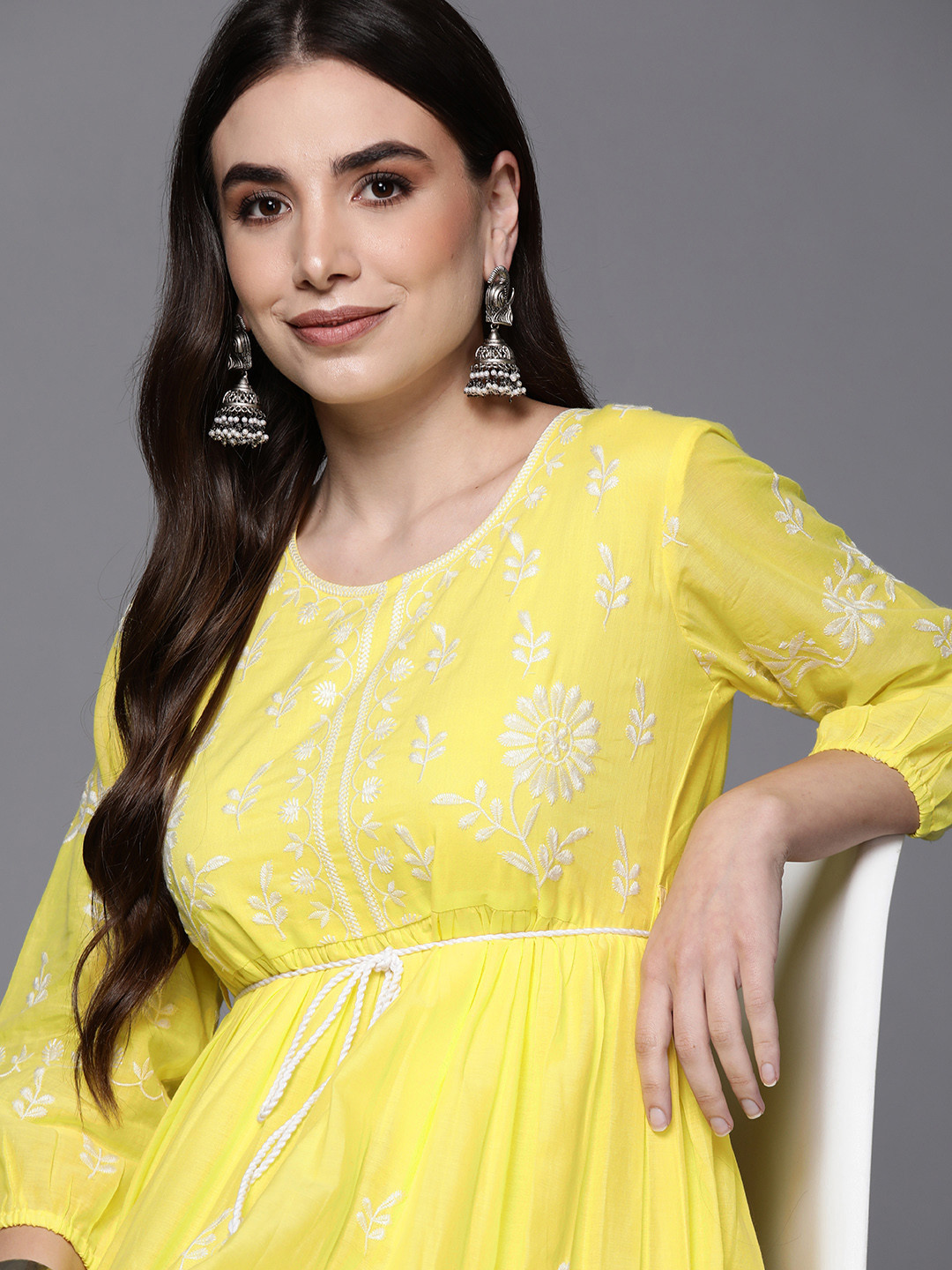 Buy Indo Era Yellow Floral Embroidered Ethnic A Line Dress Ethnic
