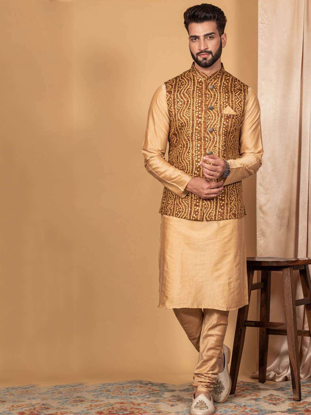 Men Mustard Yellow Ethnic Motifs Printed Pure Cotton Kurta with Churidar