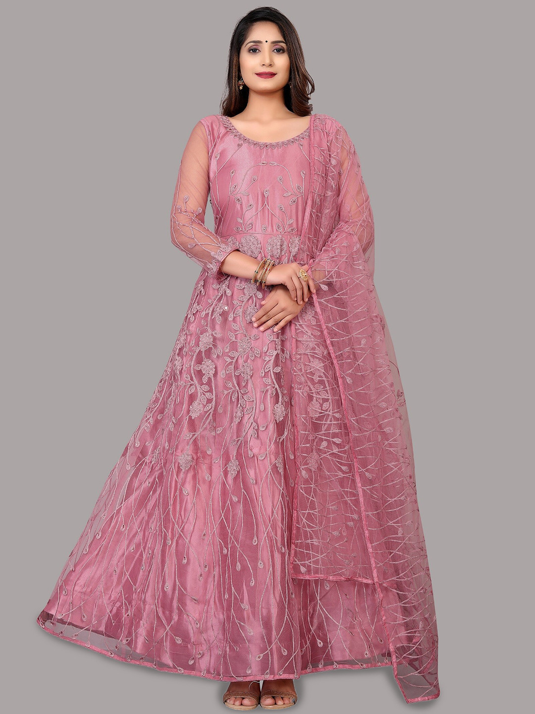 Buy Atsevam Pink & Silver Toned Embroidered Semi Stitched Dress