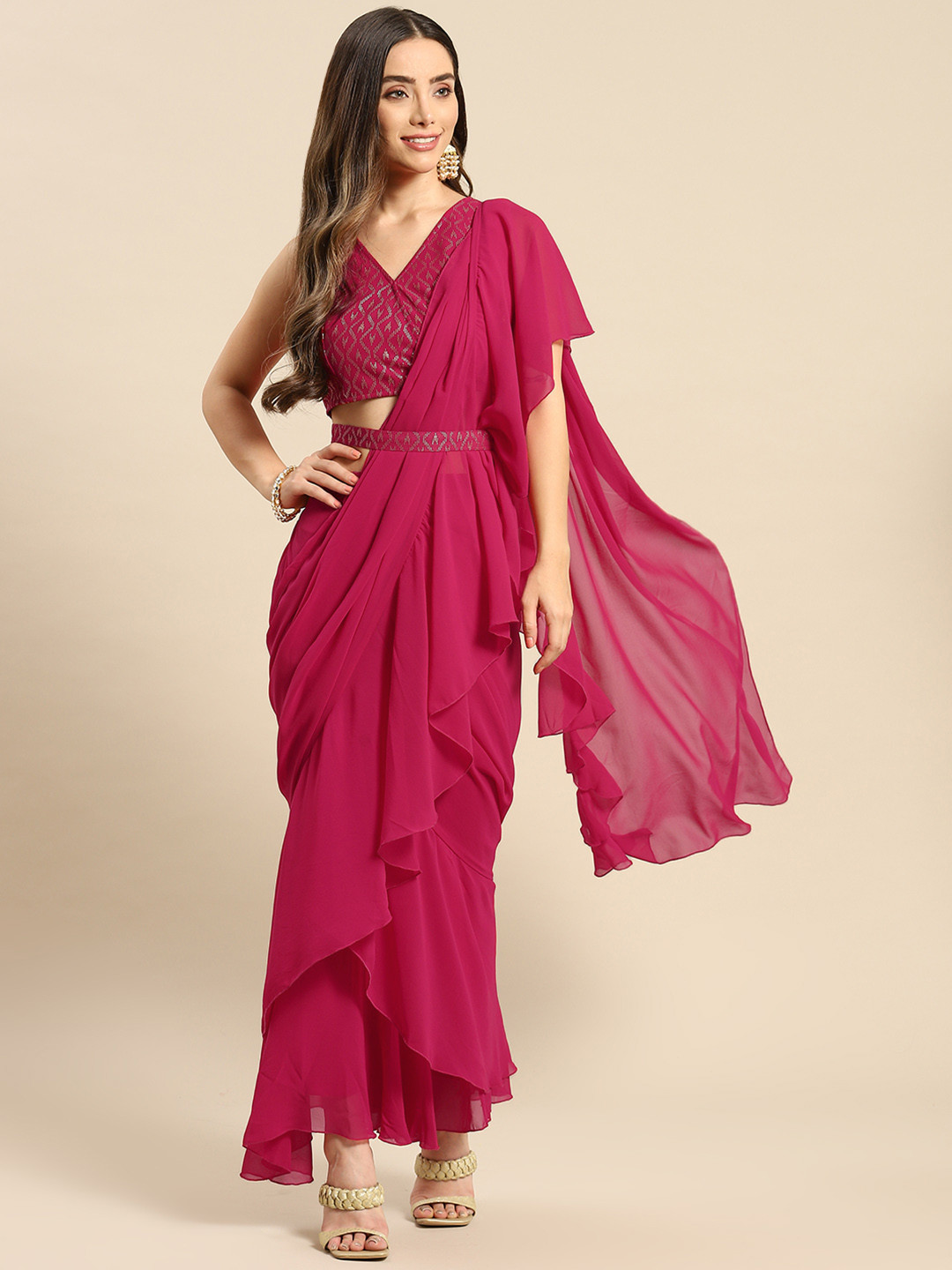 Buy MABISH By Sonal Jain Magenta Ruffled Ready To Wear Saree Sarees