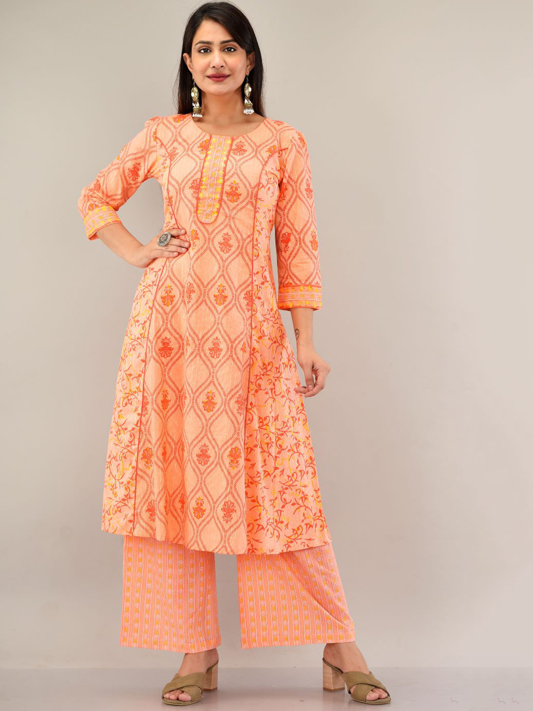 Pure Cotton Coral Printed Frock Style Kurta Set main image 1