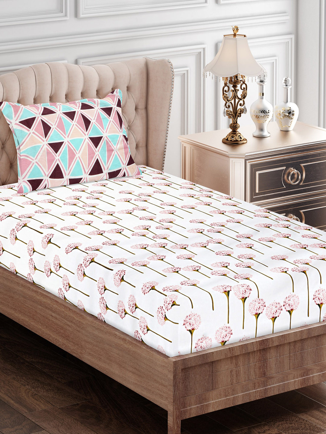 Buy SEJ By Nisha Gupta Pink & Off White Floral 180 TC Single Bedsheet With 1 Pillow Covers