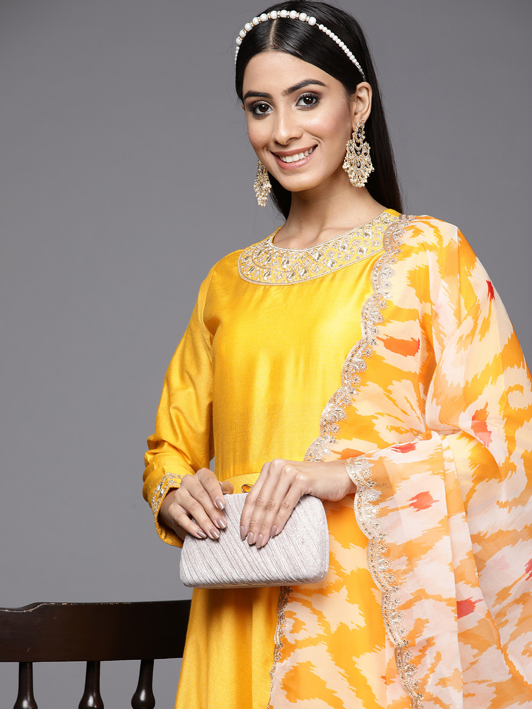Yellow Embroidered Liva A-Line Kurta Sets With Dupatta